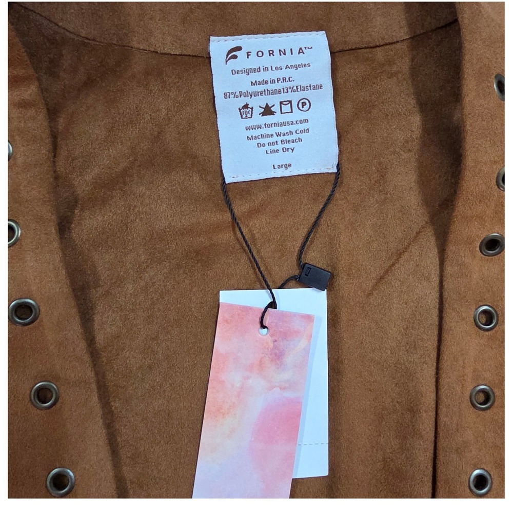 Fornia Womens Studded Fringe Faux Suede Vest Cognac Brown Western Boho Large NWT - Picture 5 of 8